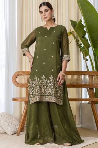 Green premium designer festive wear readymade suit