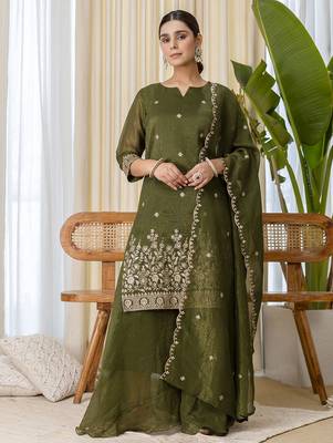 Green premium designer festive wear readymade suit 3