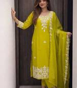 Women's Embroidered silk blend Kurta Pant with Organza Dupatta Set