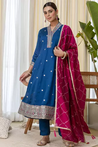 Teal-blue premium designer festive wear readymade suit