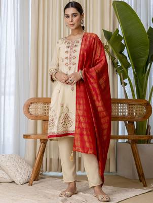 Beige premium designer festive wear readymade suit 2