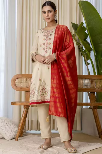 Beige premium designer festive wear readymade suit