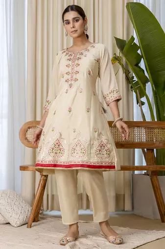 Beige premium designer festive wear readymade suit