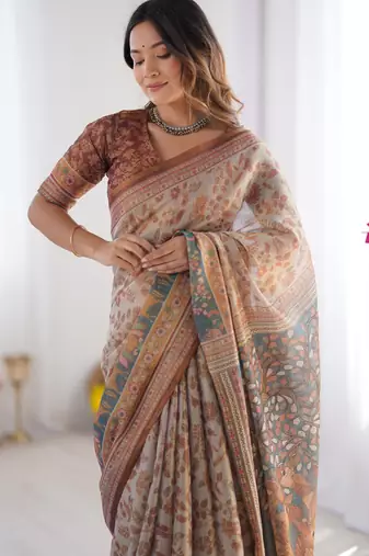 Beige & antique brown handloom printed saree with blouse