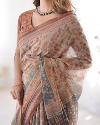 Beige & antique brown handloom printed saree with blouse 4