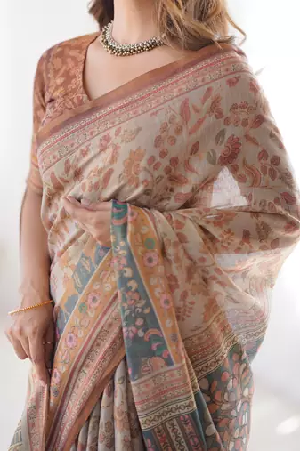 Beige & antique brown handloom printed saree with blouse
