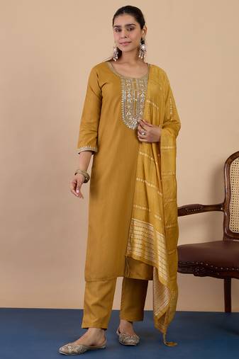 Mustard premium designer festive wear readymade suit