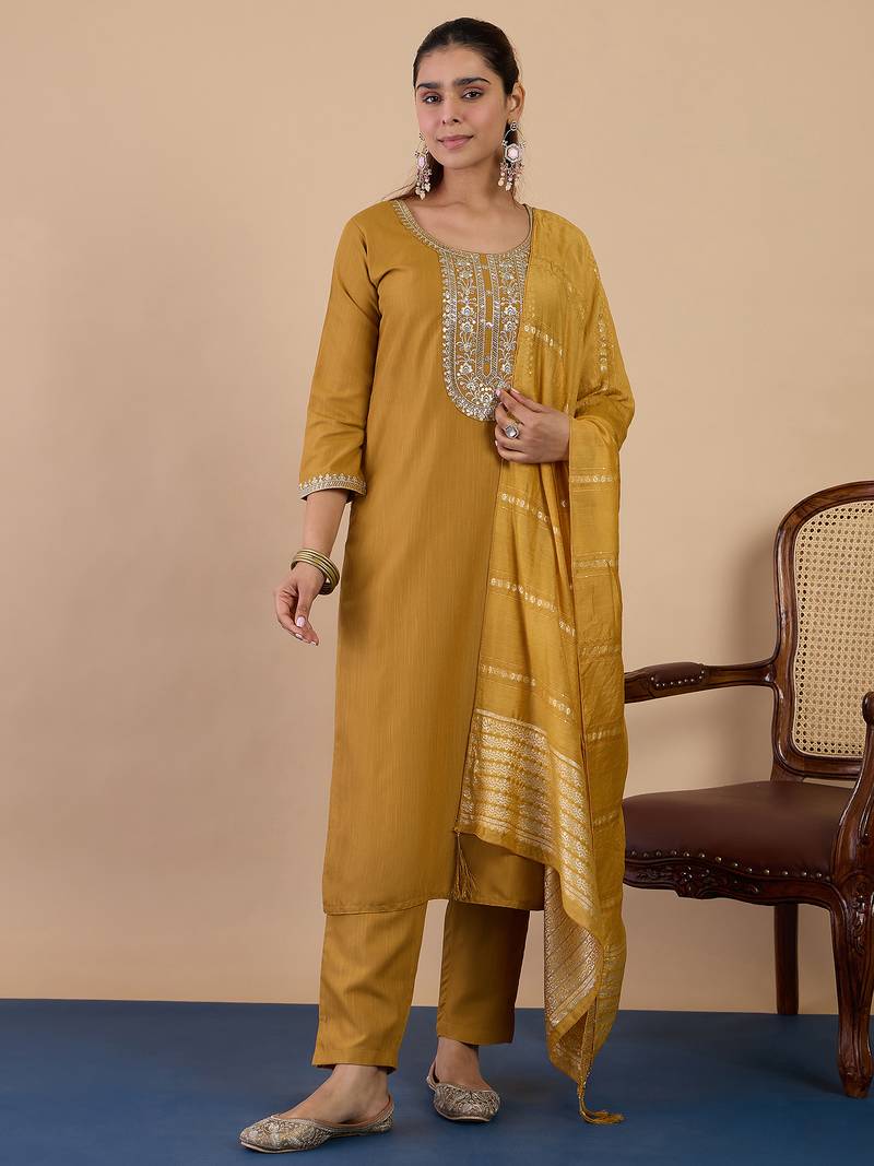 Mustard premium designer festive wear readymade suit
