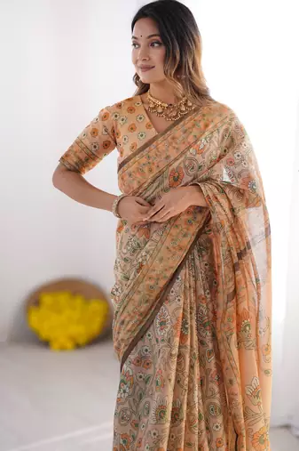 Peach beige handloom floral printed saree with blouse