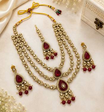 Multi Layer Marron Kundan Bridal Necklace earring maangtikka Jewellery Set for wedding festival 1
