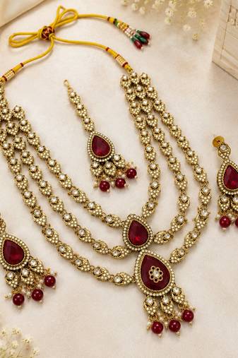 Multi Layer Marron Kundan Bridal Necklace earring maangtikka Jewellery Set for wedding festival