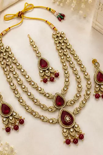 Multi Layer Marron Kundan Bridal Necklace earring maangtikka Jewellery Set for wedding festival