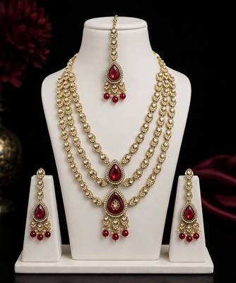 Multi Layer Marron Kundan Bridal Necklace earring maangtikka Jewellery Set for wedding festival 2