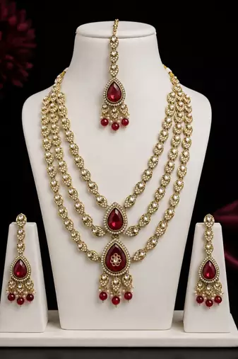 Multi Layer Marron Kundan Bridal Necklace earring maangtikka Jewellery Set for wedding festival