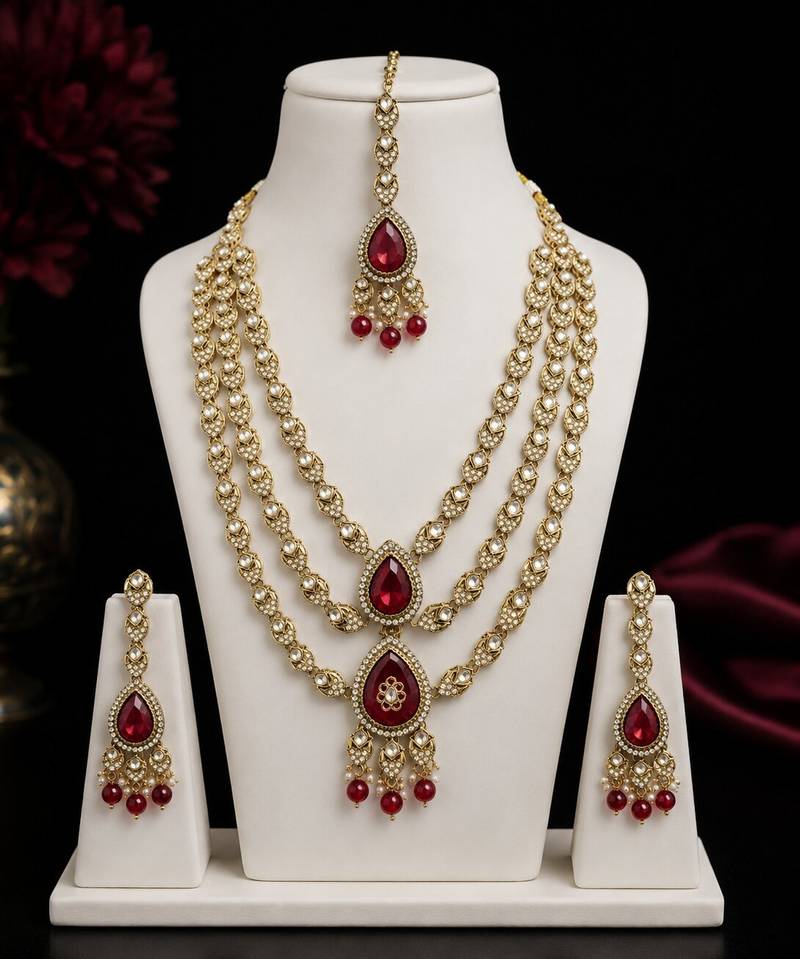 Multi Layer Marron Kundan Bridal Necklace earring maangtikka Jewellery Set for wedding festival