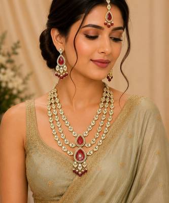 Multi Layer Marron Kundan Bridal Necklace earring maangtikka Jewellery Set for wedding festival 3