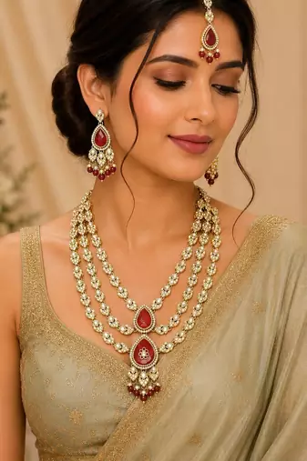 Multi Layer Marron Kundan Bridal Necklace earring maangtikka Jewellery Set for wedding festival