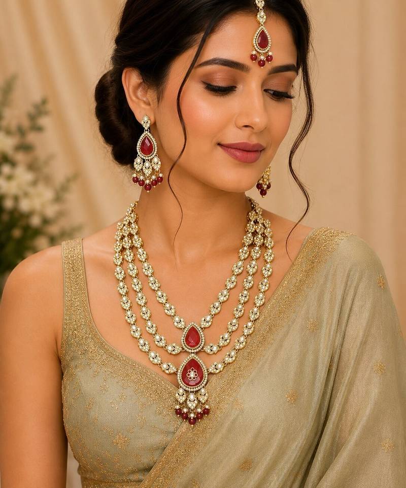 Multi Layer Marron Kundan Bridal Necklace earring maangtikka Jewellery Set for wedding festival