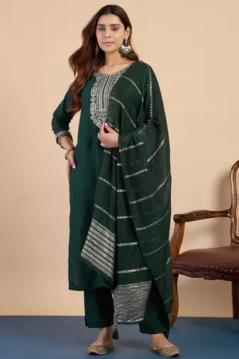 Green premium designer festive wear readymade suit