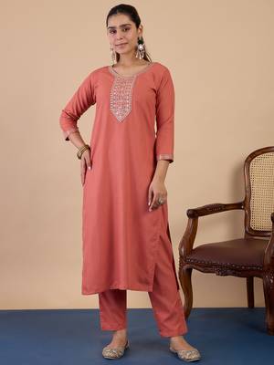 Peach premium designer festive wear readymade suit 1