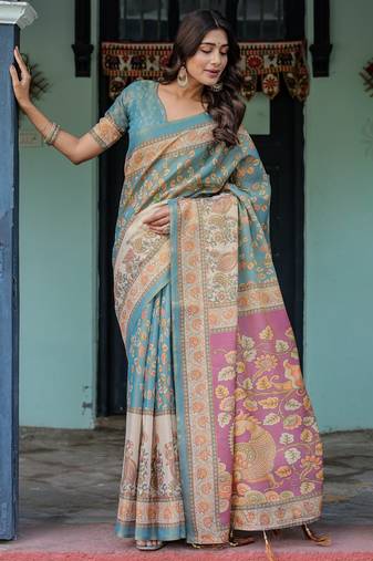 Elegant aqua blue handloom saree with traditional floral weaving with blouse