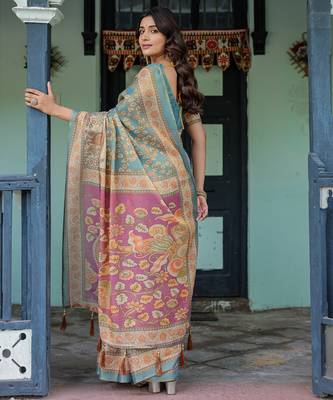 Elegant aqua blue handloom saree with traditional floral weaving with blouse 2