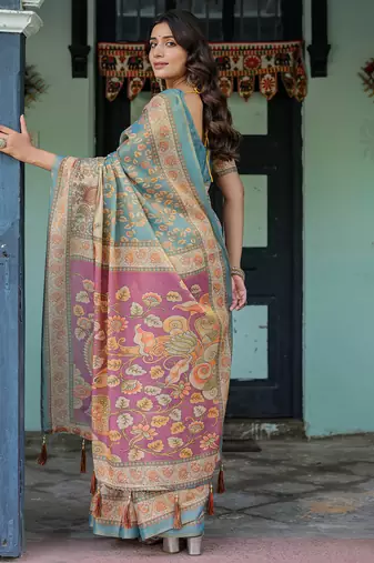 Elegant aqua blue handloom saree with traditional floral weaving with blouse