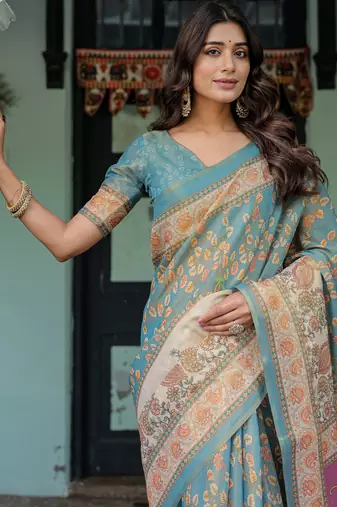 Elegant aqua blue handloom saree with traditional floral weaving with blouse