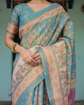 Elegant aqua blue handloom saree with traditional floral weaving with blouse 4