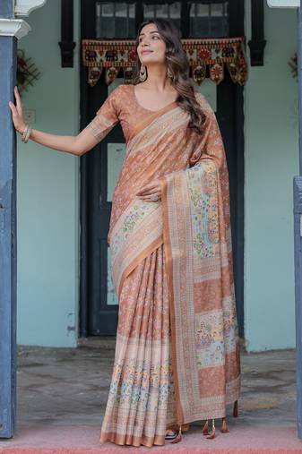 Elegant peach blush handloom saree with floral & heritage-inspired prints with blouse