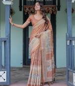 Elegant peach blush handloom saree with floral & heritage-inspired prints with blouse