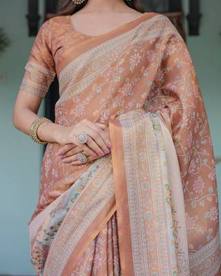 Elegant peach blush handloom saree with floral & heritage-inspired prints with blouse 4