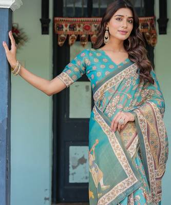 Graceful teal blue handloom saree with floral heritage art with blouse 3