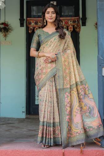 Elegant ivory beige handloom saree with artistic peacock pallu with blouse
