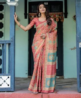 Elegant coral pink handloom saree with traditional peacock motifs with blouse 1