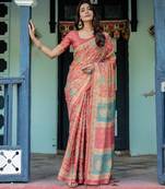 Elegant coral pink handloom saree with traditional peacock motifs with blouse