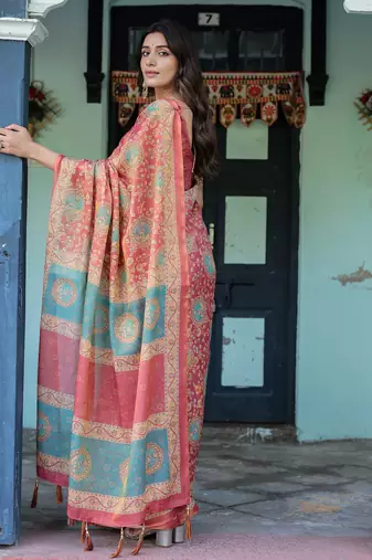 Elegant coral pink handloom saree with traditional peacock motifs with blouse