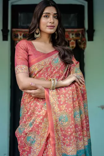 Elegant coral pink handloom saree with traditional peacock motifs with blouse