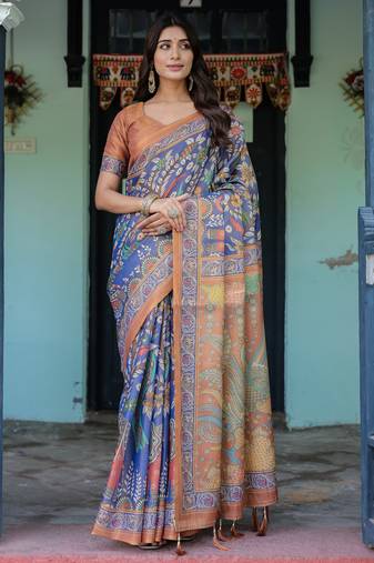 Royal lavender blue handloom saree with artistic floral & paisley design with blouse