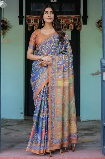 Royal lavender blue handloom saree with artistic floral & paisley design with blouse