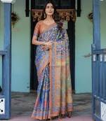 Royal lavender blue handloom saree with artistic floral & paisley design with blouse