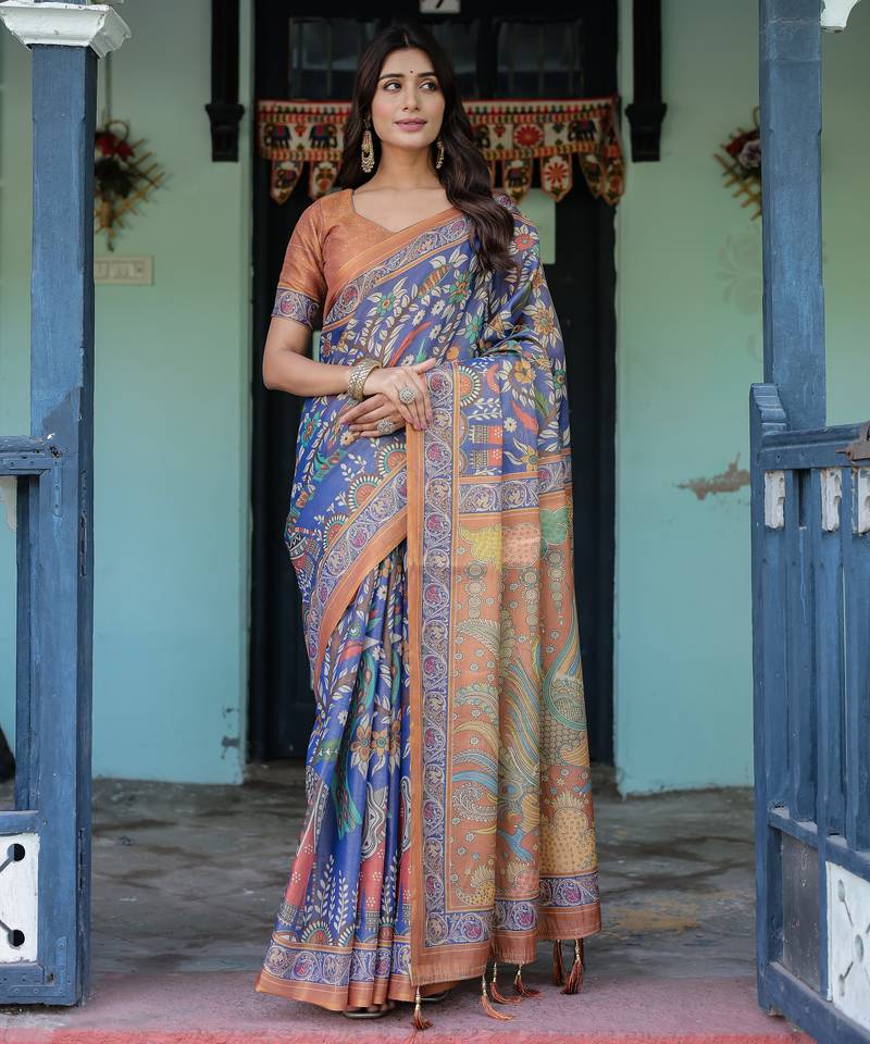 Royal lavender blue handloom saree with artistic floral & paisley design with blouse