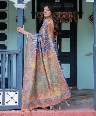 Royal lavender blue handloom saree with artistic floral & paisley design with blouse 2