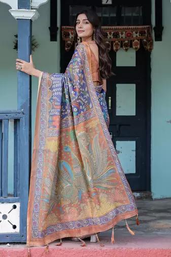 Royal lavender blue handloom saree with artistic floral & paisley design with blouse