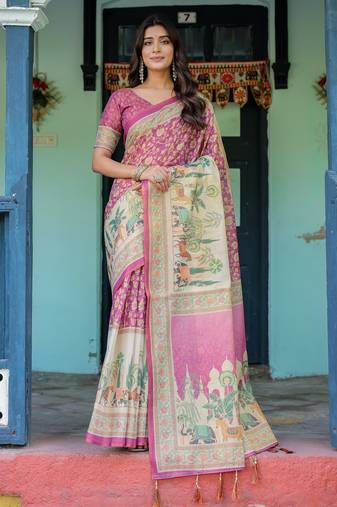 Royal pink handloom saree with heritage elephant & palace art with blouse