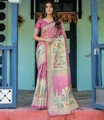 Royal pink handloom saree with heritage elephant & palace art with blouse