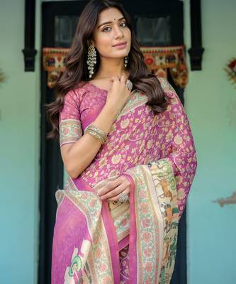 Royal pink handloom saree with heritage elephant & palace art with blouse 3