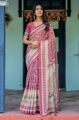 Elegant rose pink handloom saree with floral garden & bird art with blouse