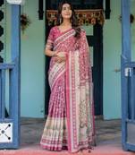 Elegant rose pink handloom saree with floral garden & bird art with blouse