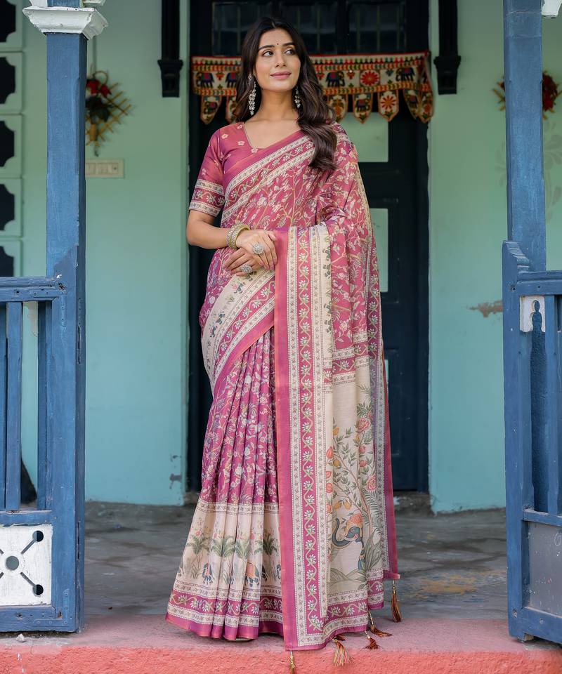 Elegant rose pink handloom saree with floral garden & bird art with blouse